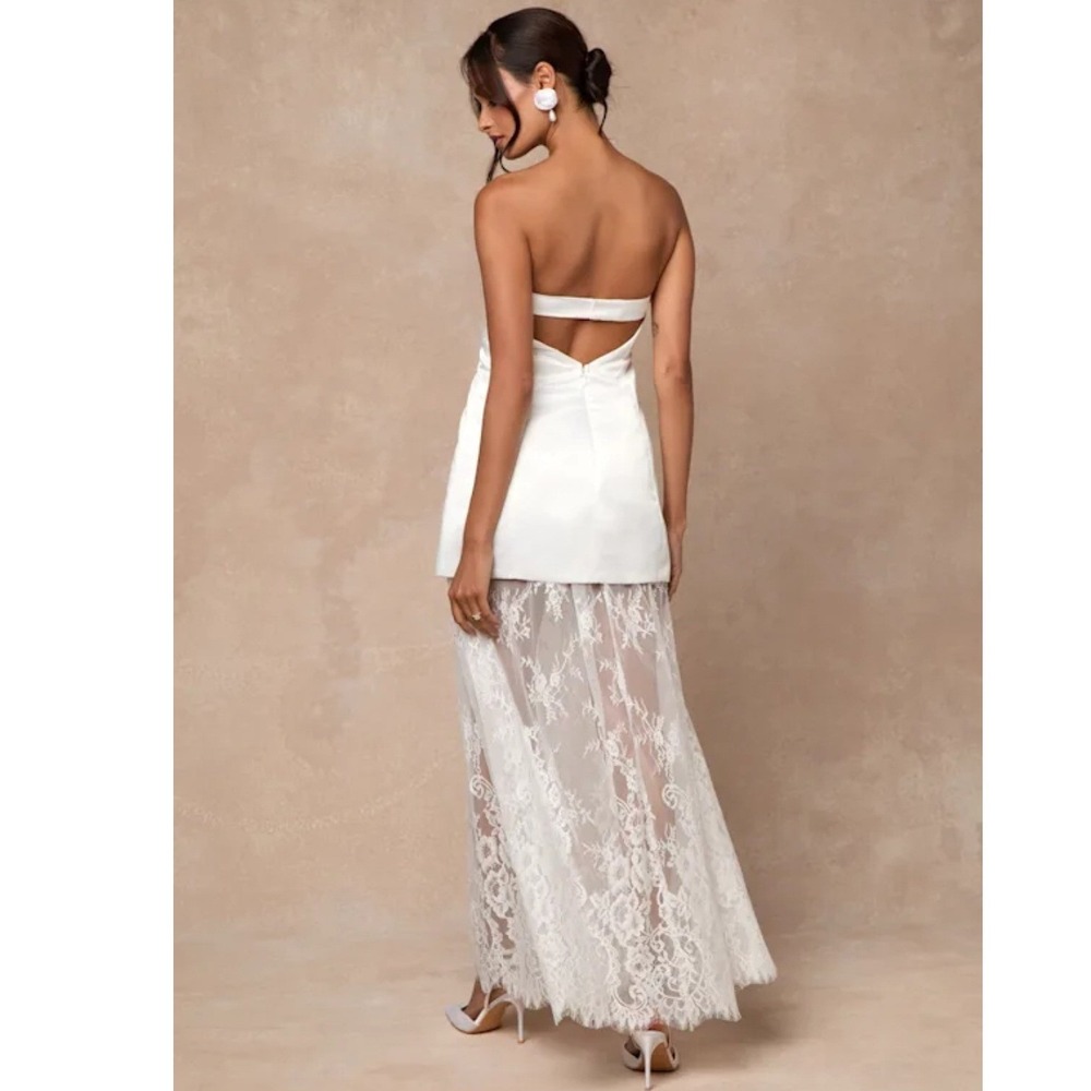 Lulus Winslet White Satin Sheer Hem Strapless Maxi Dress Open Back NWT XL - Picture 2 of 11